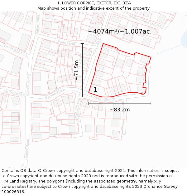 1, LOWER COPPICE, EXETER, EX1 3ZA: Plot and title map