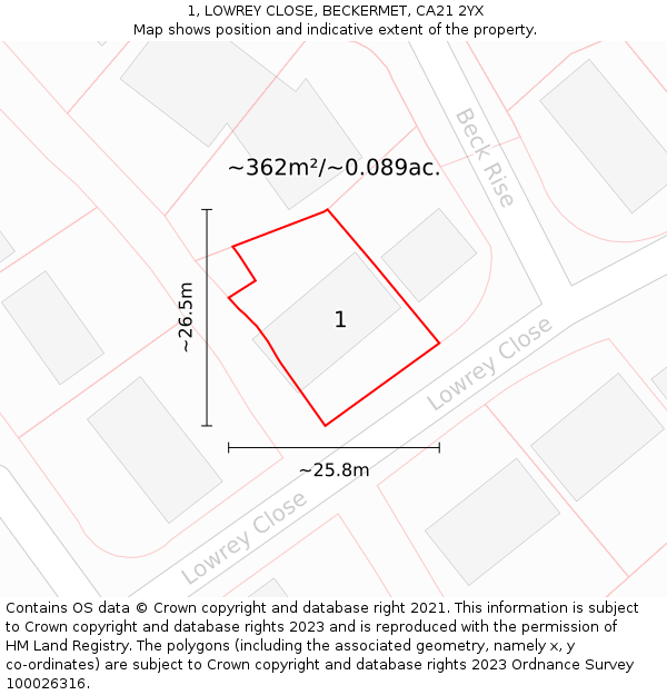 1, LOWREY CLOSE, BECKERMET, CA21 2YX: Plot and title map