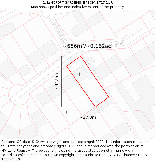 1, LYNCROFT GARDENS, EPSOM, KT17 1UR: Plot and title map