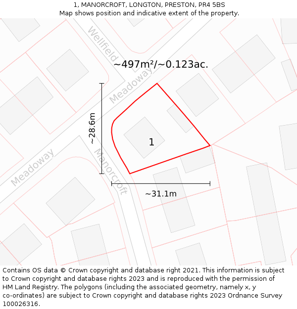 1, MANORCROFT, LONGTON, PRESTON, PR4 5BS: Plot and title map
