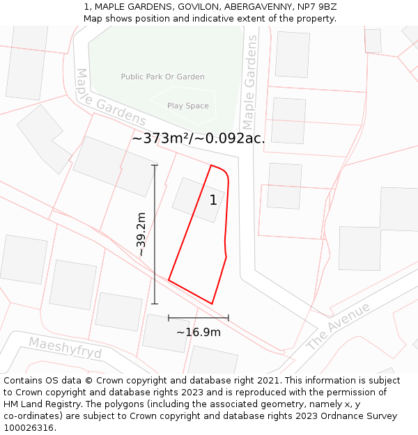 1, MAPLE GARDENS, GOVILON, ABERGAVENNY, NP7 9BZ: Plot and title map