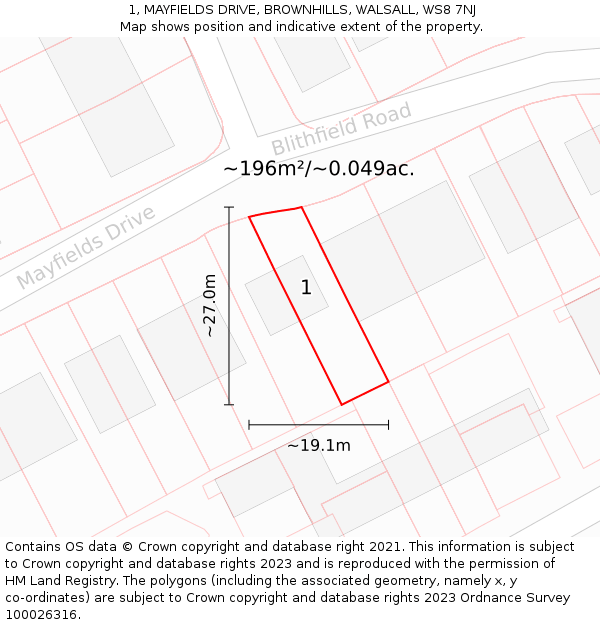 1, MAYFIELDS DRIVE, BROWNHILLS, WALSALL, WS8 7NJ: Plot and title map