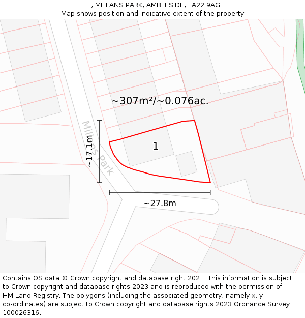 1, MILLANS PARK, AMBLESIDE, LA22 9AG: Plot and title map