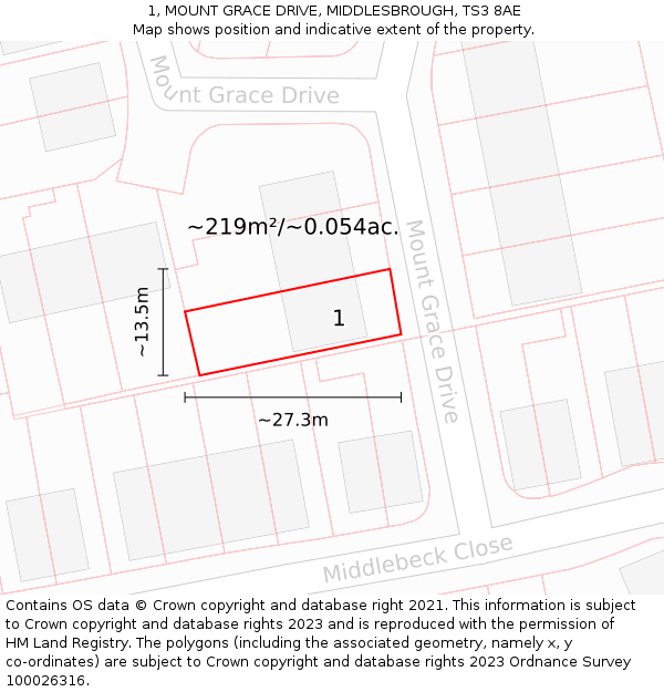 1, MOUNT GRACE DRIVE, MIDDLESBROUGH, TS3 8AE: Plot and title map