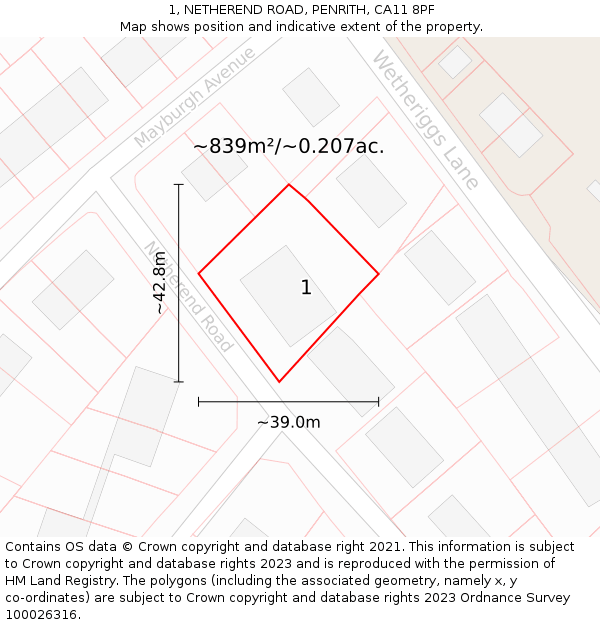 1, NETHEREND ROAD, PENRITH, CA11 8PF: Plot and title map