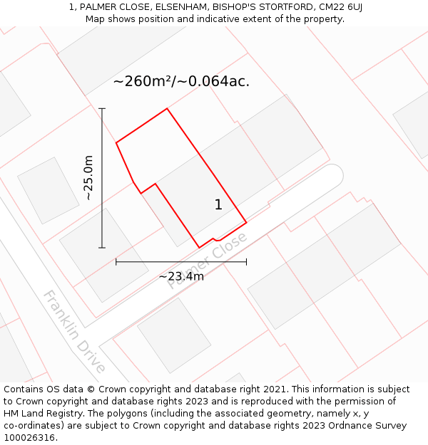 1, PALMER CLOSE, ELSENHAM, BISHOP'S STORTFORD, CM22 6UJ: Plot and title map