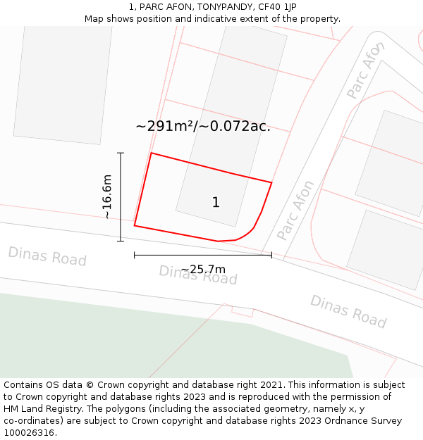 1, PARC AFON, TONYPANDY, CF40 1JP: Plot and title map