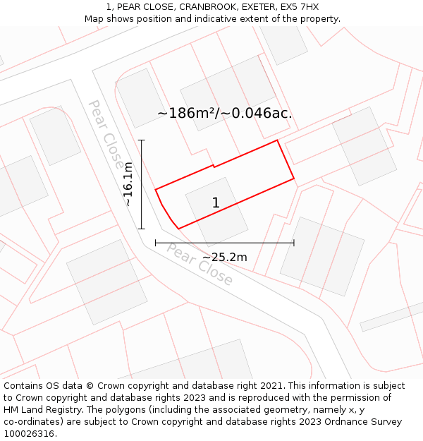 1, PEAR CLOSE, CRANBROOK, EXETER, EX5 7HX: Plot and title map