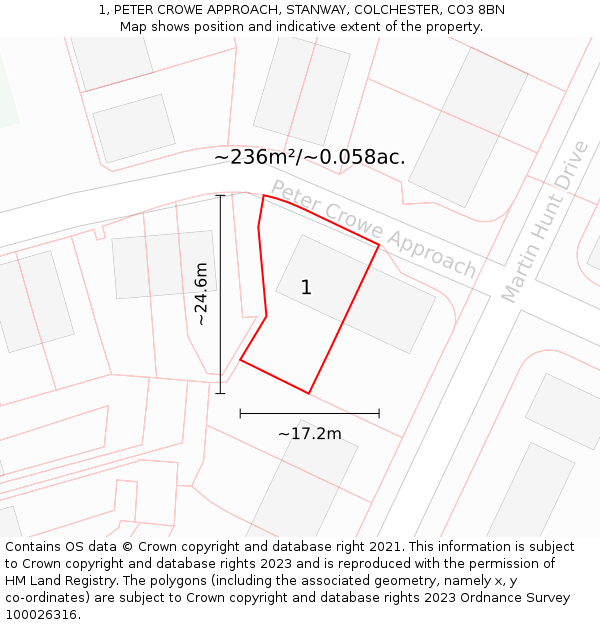 1, PETER CROWE APPROACH, STANWAY, COLCHESTER, CO3 8BN: Plot and title map