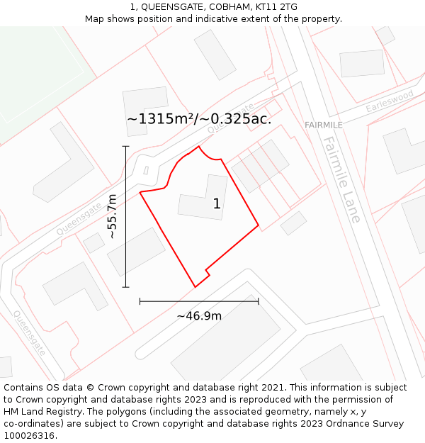 1, QUEENSGATE, COBHAM, KT11 2TG: Plot and title map