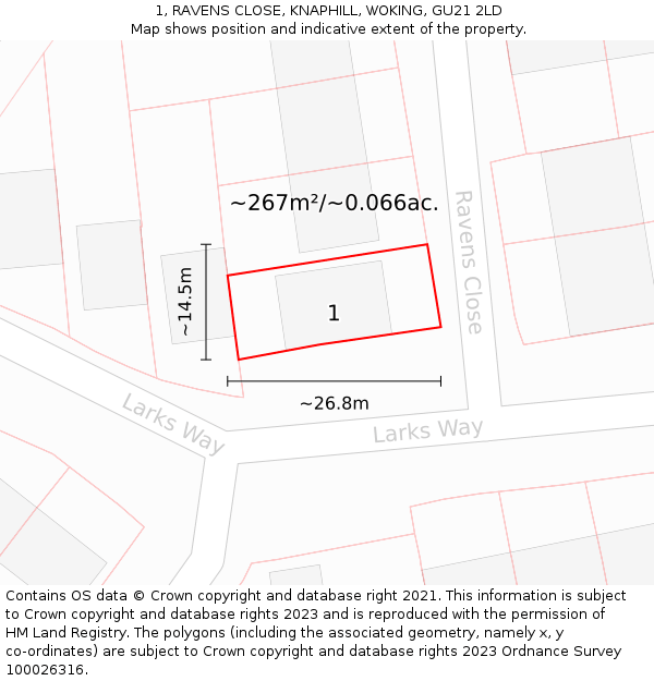 1, RAVENS CLOSE, KNAPHILL, WOKING, GU21 2LD: Plot and title map