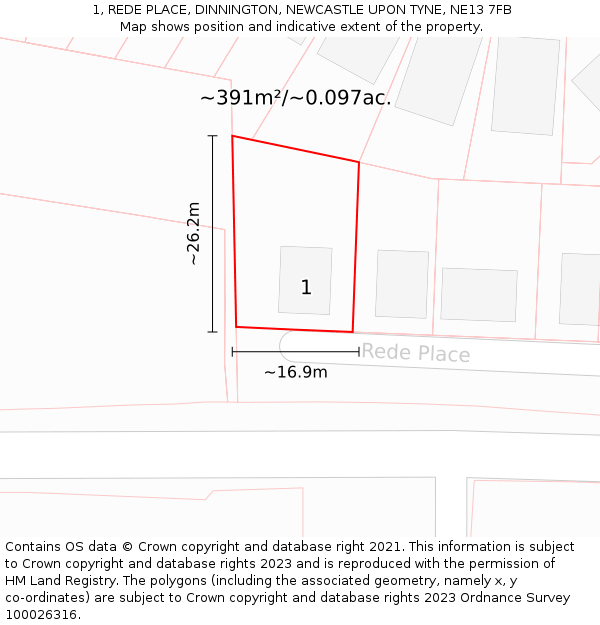 1, REDE PLACE, DINNINGTON, NEWCASTLE UPON TYNE, NE13 7FB: Plot and title map