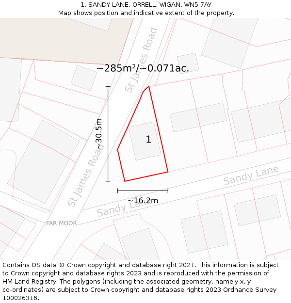 1, SANDY LANE, ORRELL, WIGAN, WN5 7AY: Plot and title map
