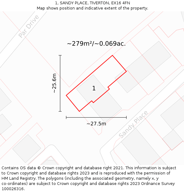 1, SANDY PLACE, TIVERTON, EX16 4FN: Plot and title map