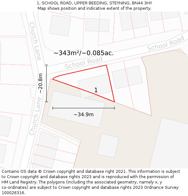 1, SCHOOL ROAD, UPPER BEEDING, STEYNING, BN44 3HY: Plot and title map