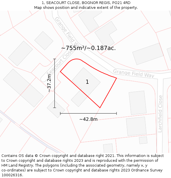 1, SEACOURT CLOSE, BOGNOR REGIS, PO21 4RD: Plot and title map