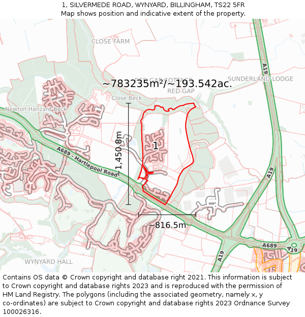 1, SILVERMEDE ROAD, WYNYARD, BILLINGHAM, TS22 5FR: Plot and title map