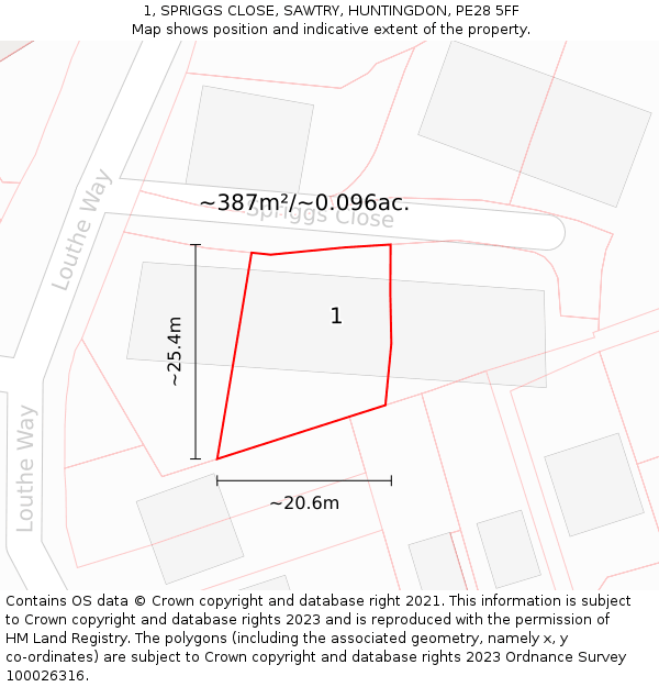 1, SPRIGGS CLOSE, SAWTRY, HUNTINGDON, PE28 5FF: Plot and title map