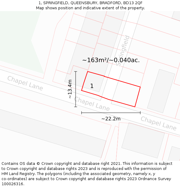 1, SPRINGFIELD, QUEENSBURY, BRADFORD, BD13 2QF: Plot and title map