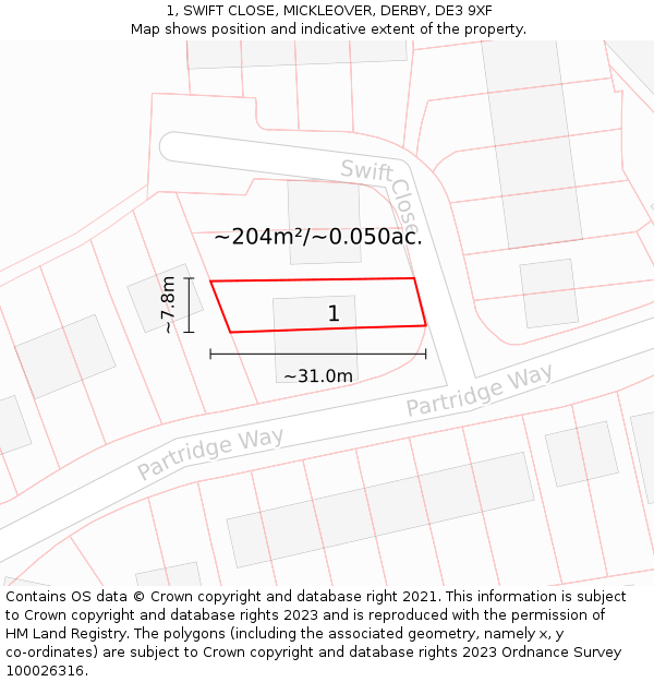 1, SWIFT CLOSE, MICKLEOVER, DERBY, DE3 9XF: Plot and title map