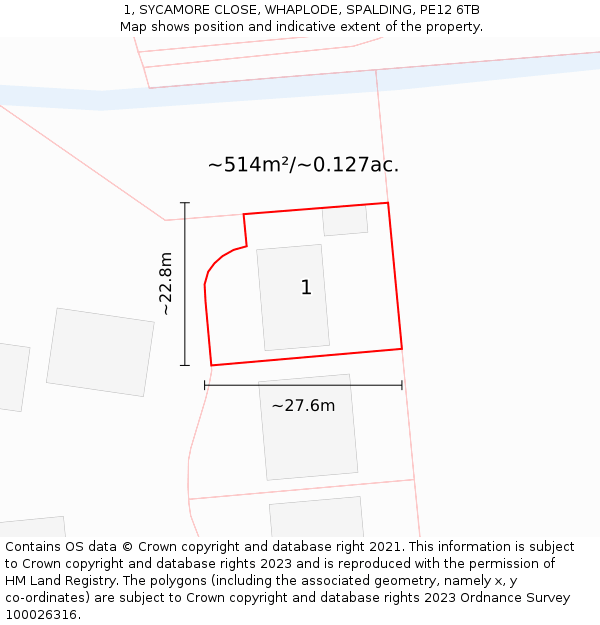 1, SYCAMORE CLOSE, WHAPLODE, SPALDING, PE12 6TB: Plot and title map