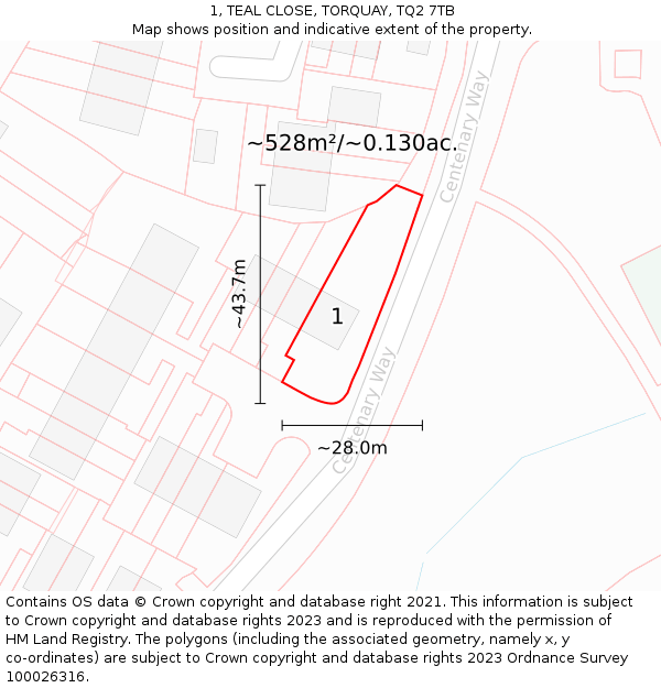 1, TEAL CLOSE, TORQUAY, TQ2 7TB: Plot and title map
