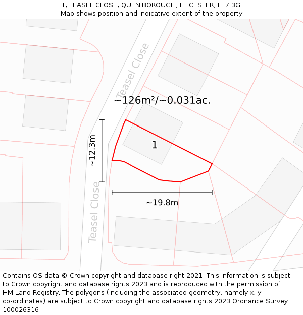 1, TEASEL CLOSE, QUENIBOROUGH, LEICESTER, LE7 3GF: Plot and title map