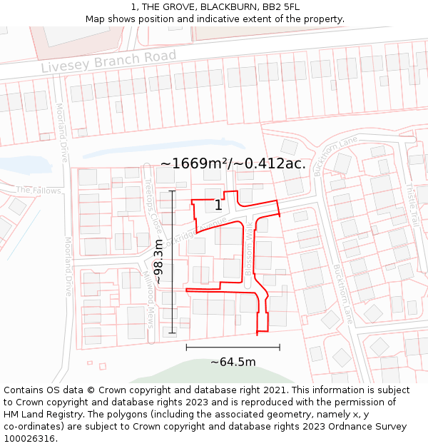 1, THE GROVE, BLACKBURN, BB2 5FL: Plot and title map