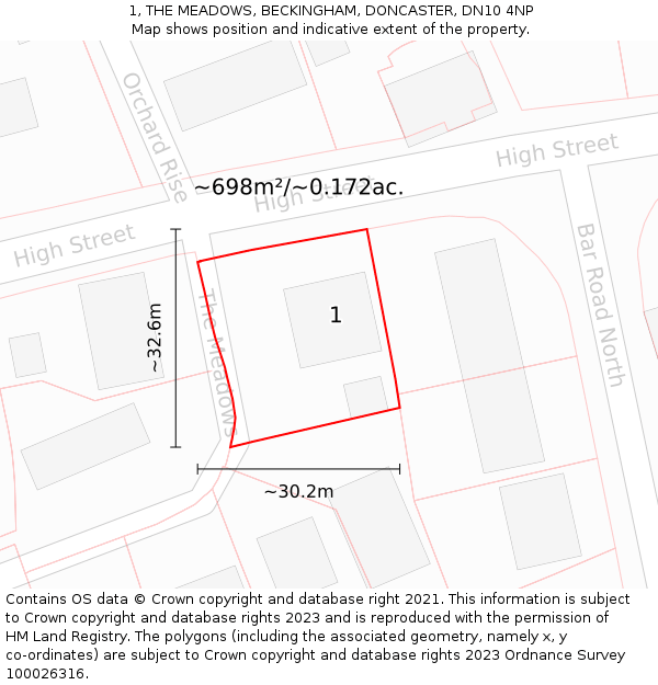1, THE MEADOWS, BECKINGHAM, DONCASTER, DN10 4NP: Plot and title map