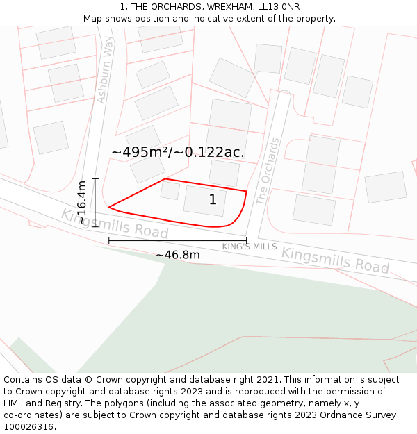 1, THE ORCHARDS, WREXHAM, LL13 0NR: Plot and title map