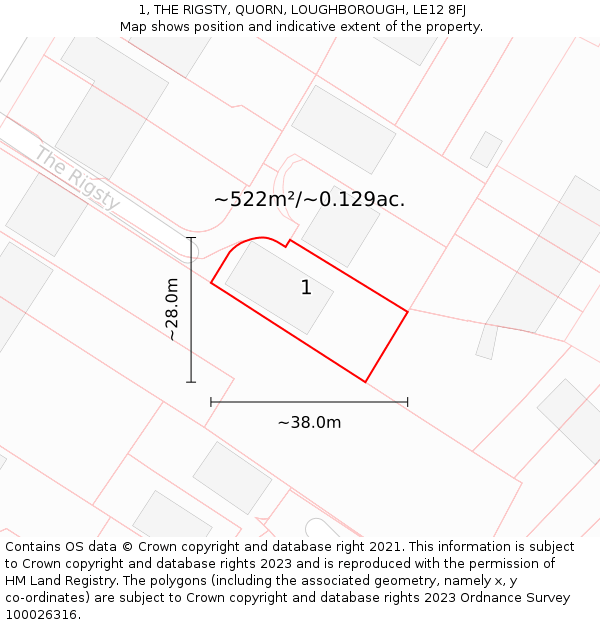 1, THE RIGSTY, QUORN, LOUGHBOROUGH, LE12 8FJ: Plot and title map