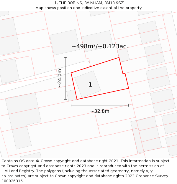1, THE ROBINS, RAINHAM, RM13 9SZ: Plot and title map