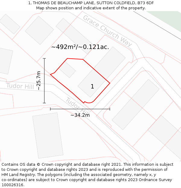 1, THOMAS DE BEAUCHAMP LANE, SUTTON COLDFIELD, B73 6DF: Plot and title map