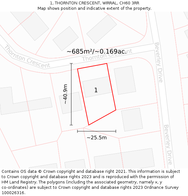 1, THORNTON CRESCENT, WIRRAL, CH60 3RR: Plot and title map
