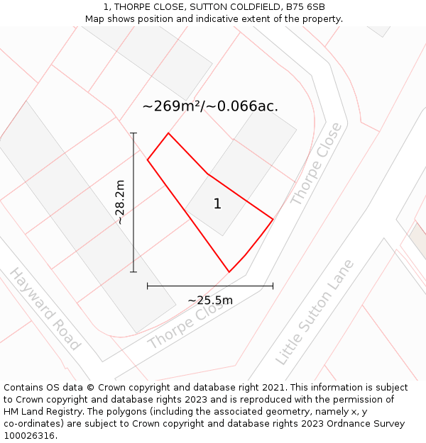 1, THORPE CLOSE, SUTTON COLDFIELD, B75 6SB: Plot and title map