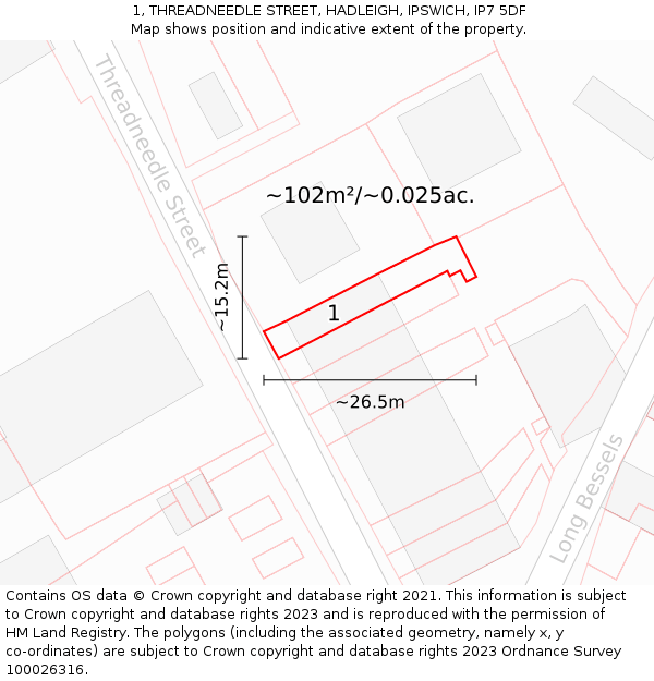 1, THREADNEEDLE STREET, HADLEIGH, IPSWICH, IP7 5DF: Plot and title map