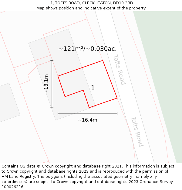 1, TOFTS ROAD, CLECKHEATON, BD19 3BB: Plot and title map