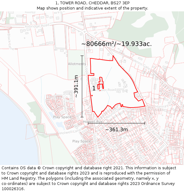 1, TOWER ROAD, CHEDDAR, BS27 3EP: Plot and title map