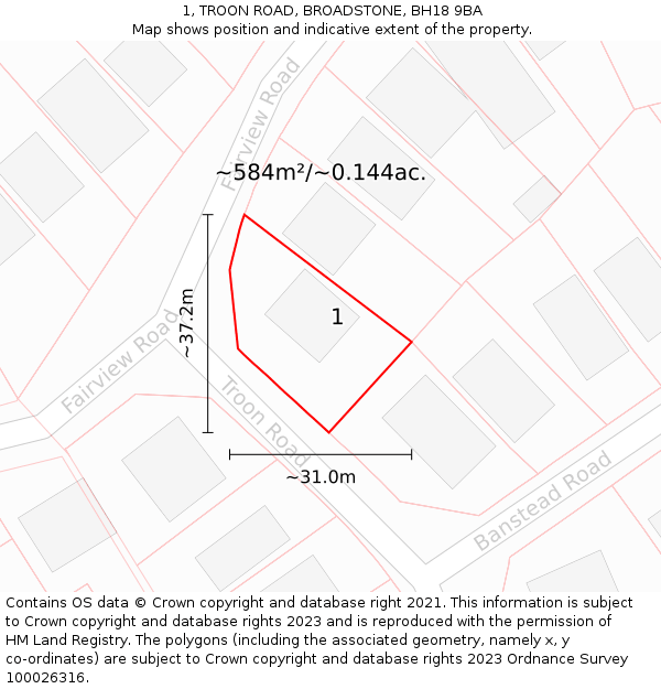 1, TROON ROAD, BROADSTONE, BH18 9BA: Plot and title map