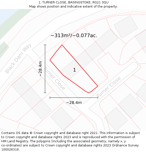 1, TURNER CLOSE, BASINGSTOKE, RG21 3QU: Plot and title map