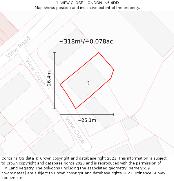 1, VIEW CLOSE, LONDON, N6 4DD: Plot and title map