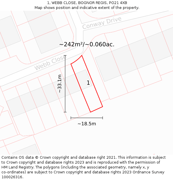 1, WEBB CLOSE, BOGNOR REGIS, PO21 4XB: Plot and title map