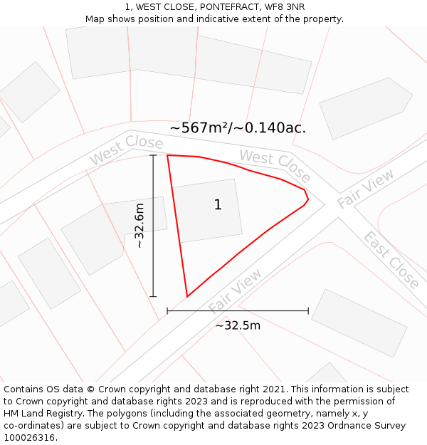 1, WEST CLOSE, PONTEFRACT, WF8 3NR: Plot and title map