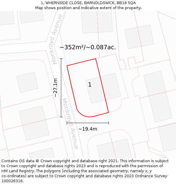 1, WHERNSIDE CLOSE, BARNOLDSWICK, BB18 5QA: Plot and title map