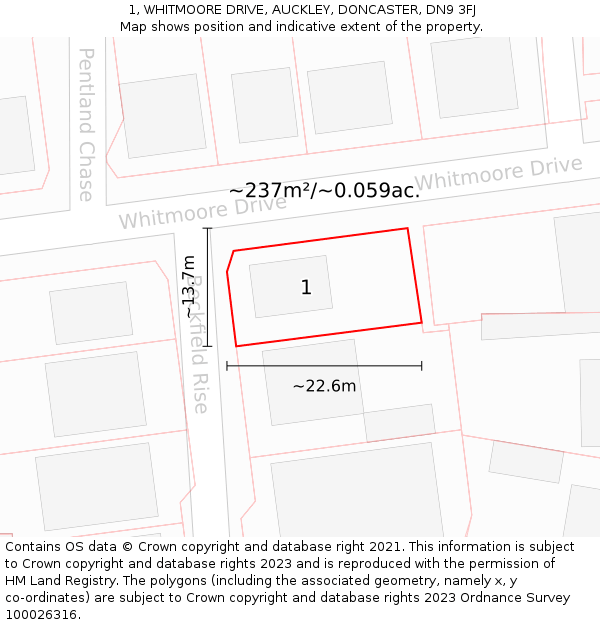 1, WHITMOORE DRIVE, AUCKLEY, DONCASTER, DN9 3FJ: Plot and title map