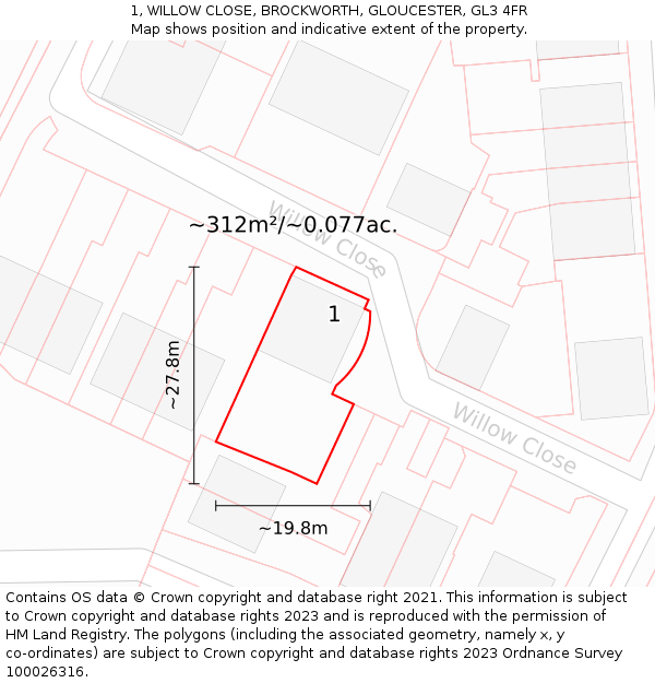 1, WILLOW CLOSE, BROCKWORTH, GLOUCESTER, GL3 4FR: Plot and title map