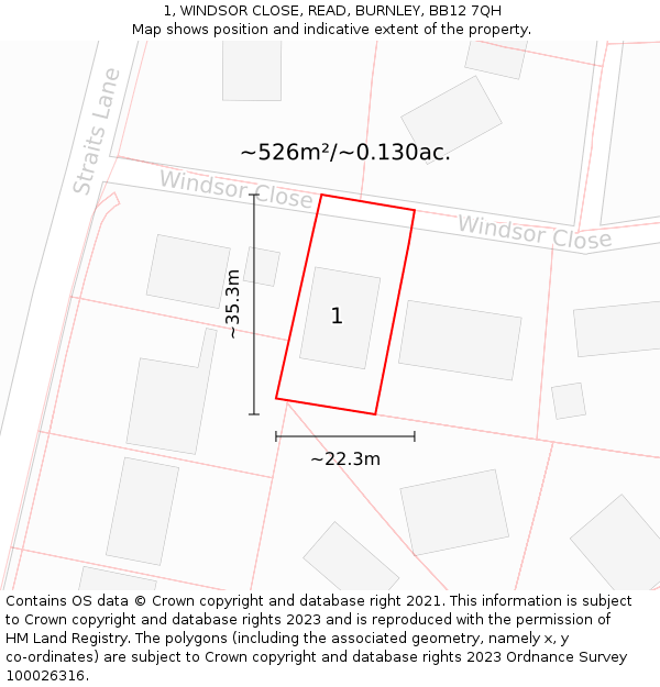 1, WINDSOR CLOSE, READ, BURNLEY, BB12 7QH: Plot and title map