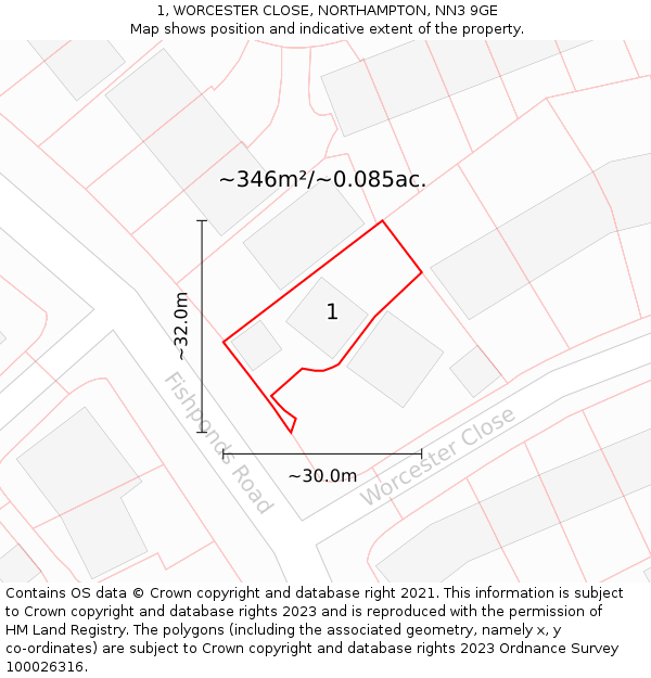 1, WORCESTER CLOSE, NORTHAMPTON, NN3 9GE: Plot and title map