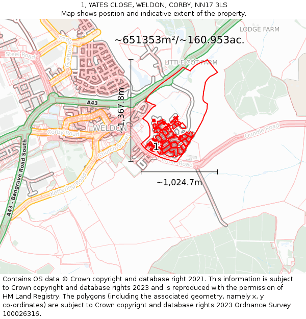 1, YATES CLOSE, WELDON, CORBY, NN17 3LS: Plot and title map