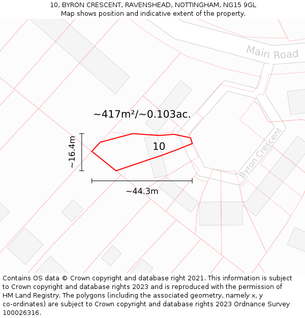 10, BYRON CRESCENT, RAVENSHEAD, NOTTINGHAM, NG15 9GL: Plot and title map